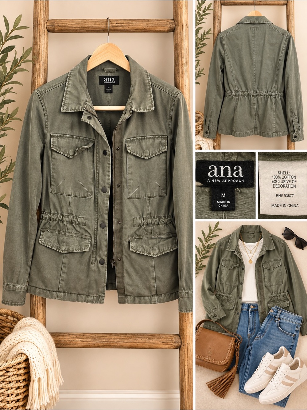 a.n.a Olive Green Utility Jacket with Drawstring Waist Cargo PicketsSize Medium